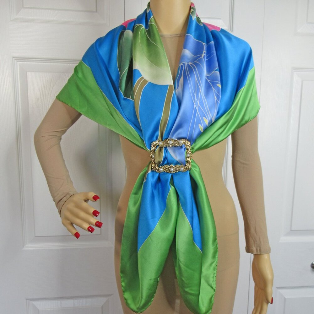 Tropical print 44 inch Scarf / Pareo / Shawl, Green, teal, pink blue floral - Picture 11 of 14